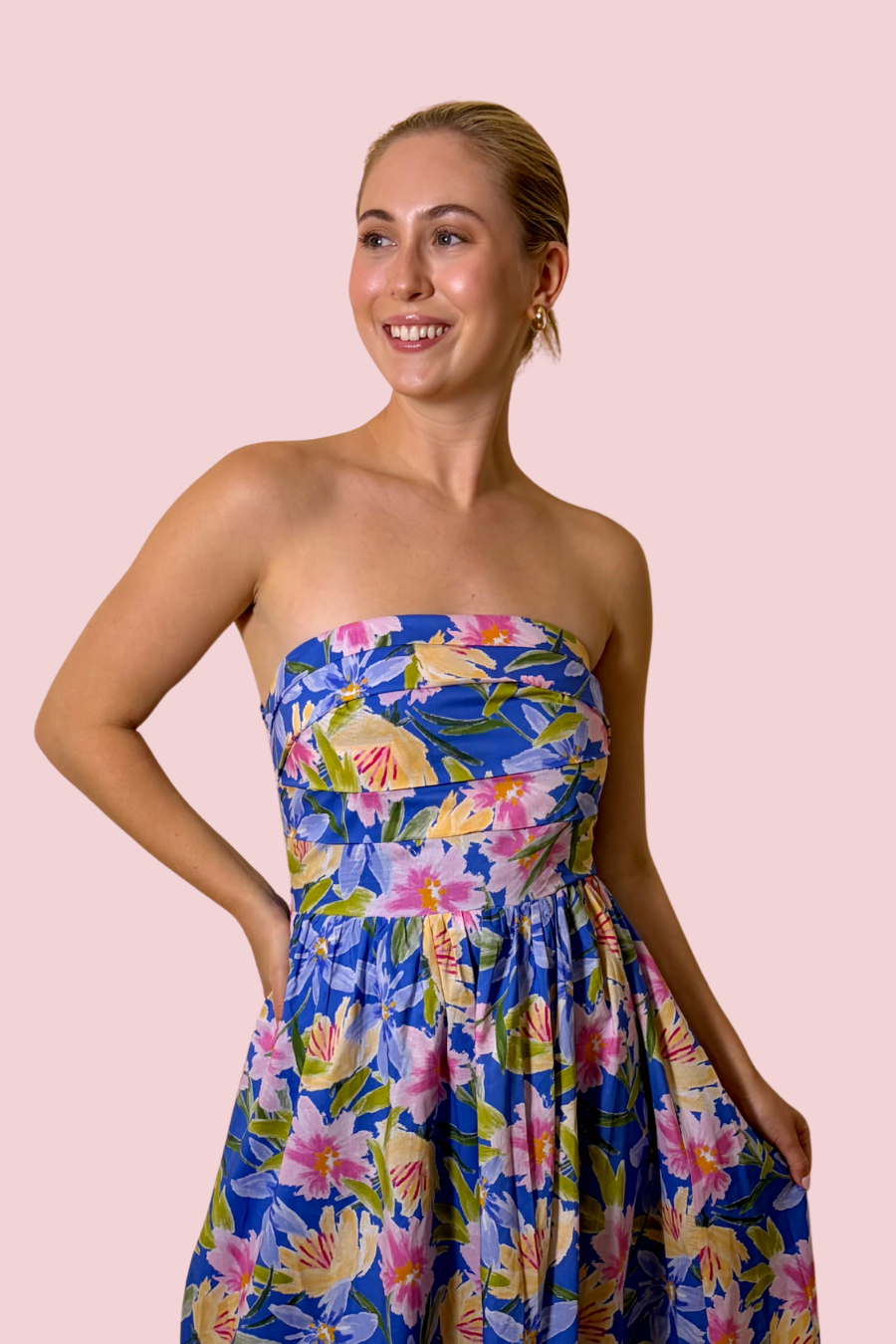 Sunset Petal Sky Blue Floral Strapless Maxi Dress with Smocked Bodice and Flowy Skirt