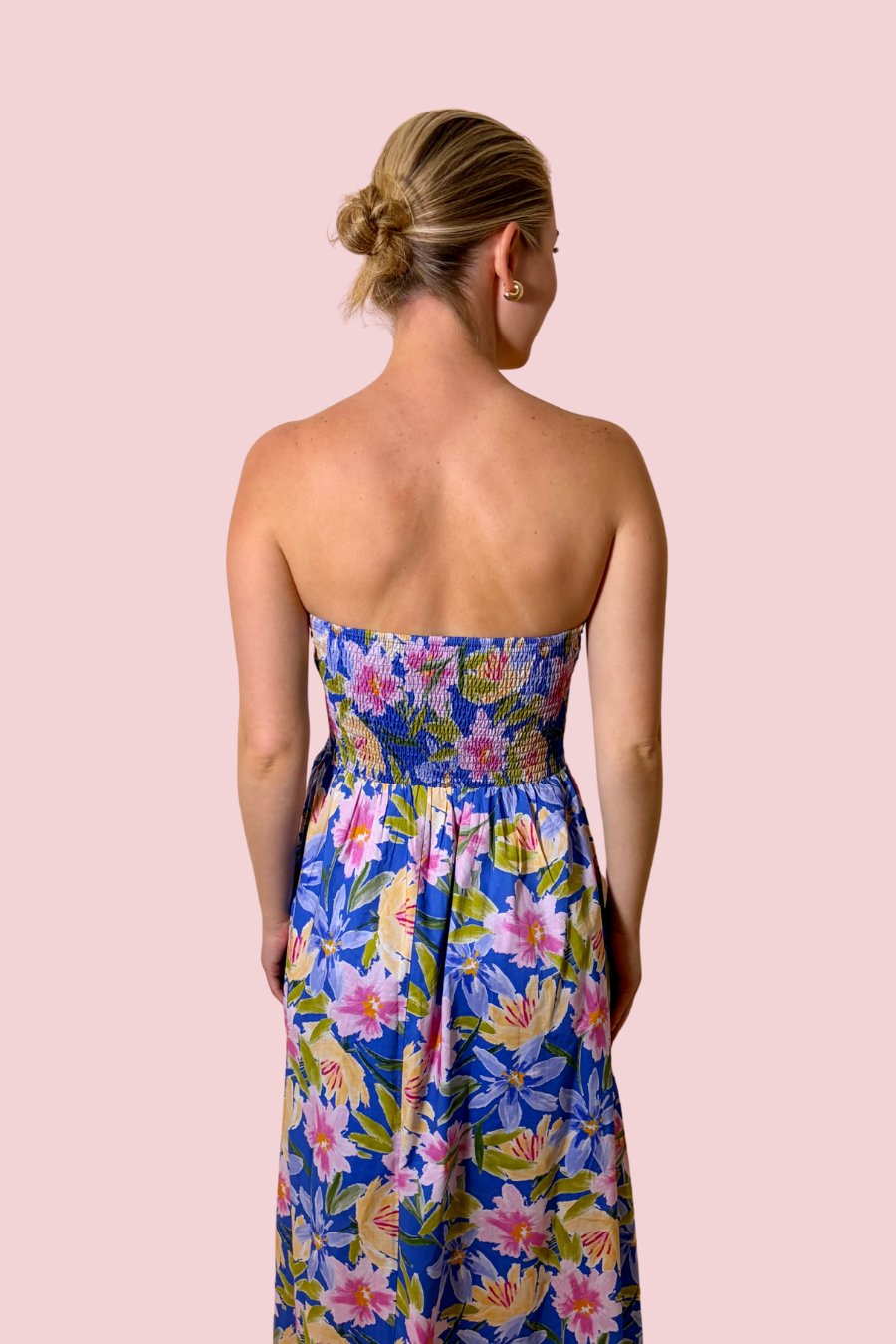 Sunset Petal Sky Blue Floral Strapless Maxi Dress with Smocked Bodice and Flowy Skirt