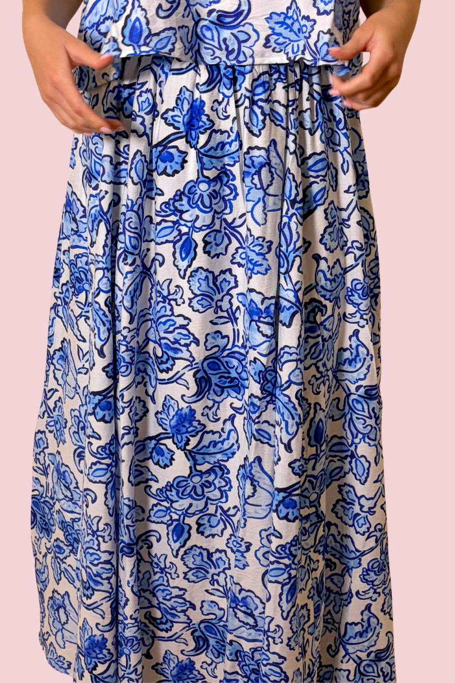 Porcelain Bloom Blue Floral Print Maxi Skirt with Flowy Fit