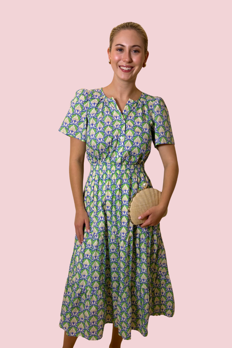 Garden Tile Green and Blue Printed Midi Dress with Flutter Sleeves and A-Line Fit