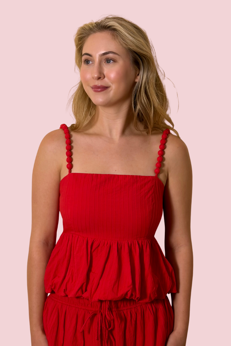 Eira Red Peplum Tank Top with Spaghetti Straps and Flowy Ruffle Hem