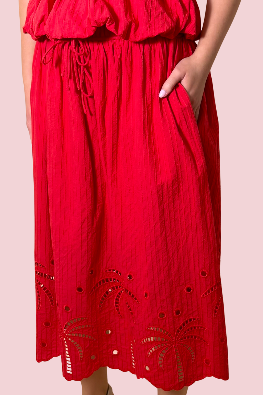 Eira Red Eyelet Midi Skirt with Scalloped Hem and Elastic Waist