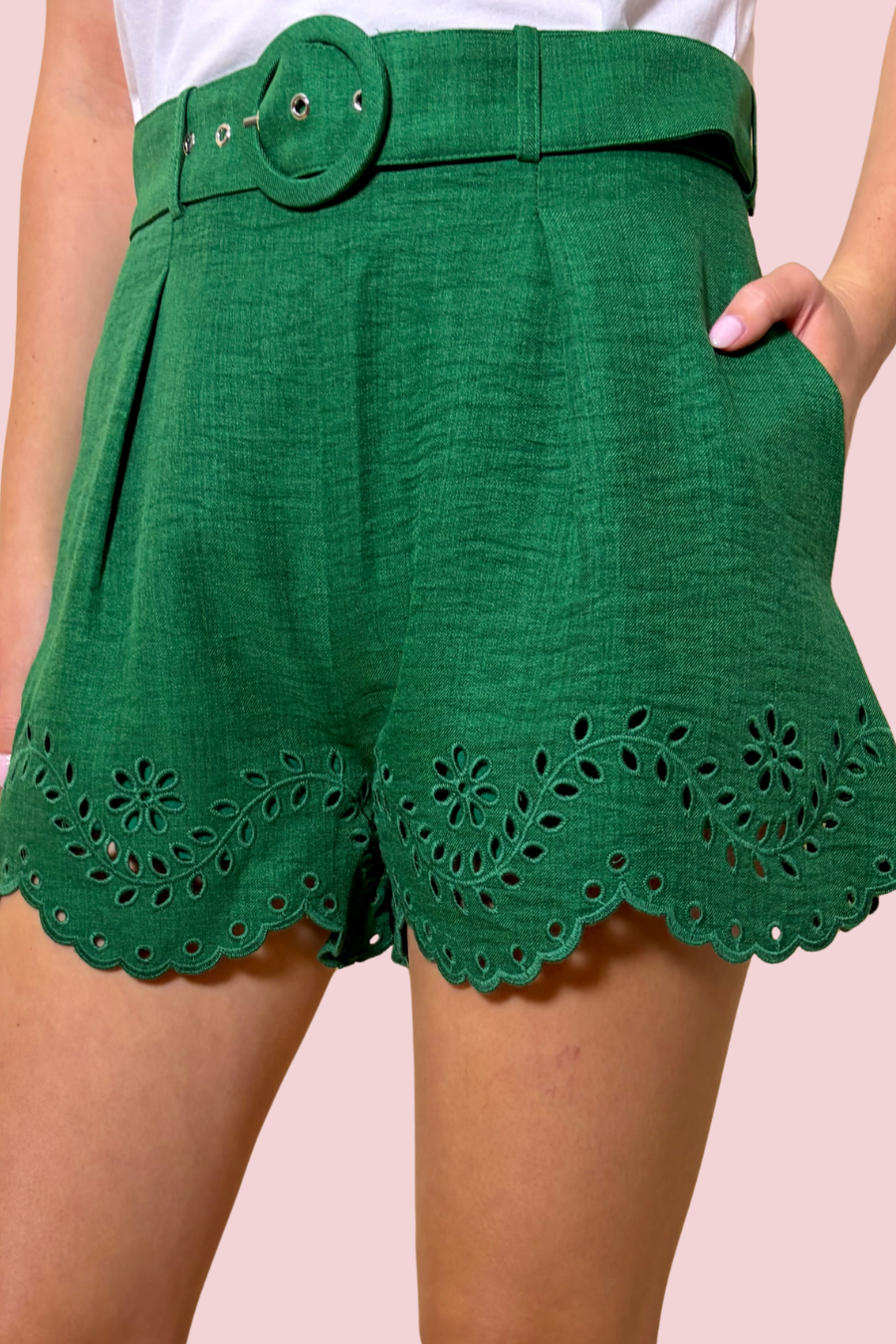 Olivia Green Eyelet Embroidered Shorts with Scalloped Hem and Elastic Waist