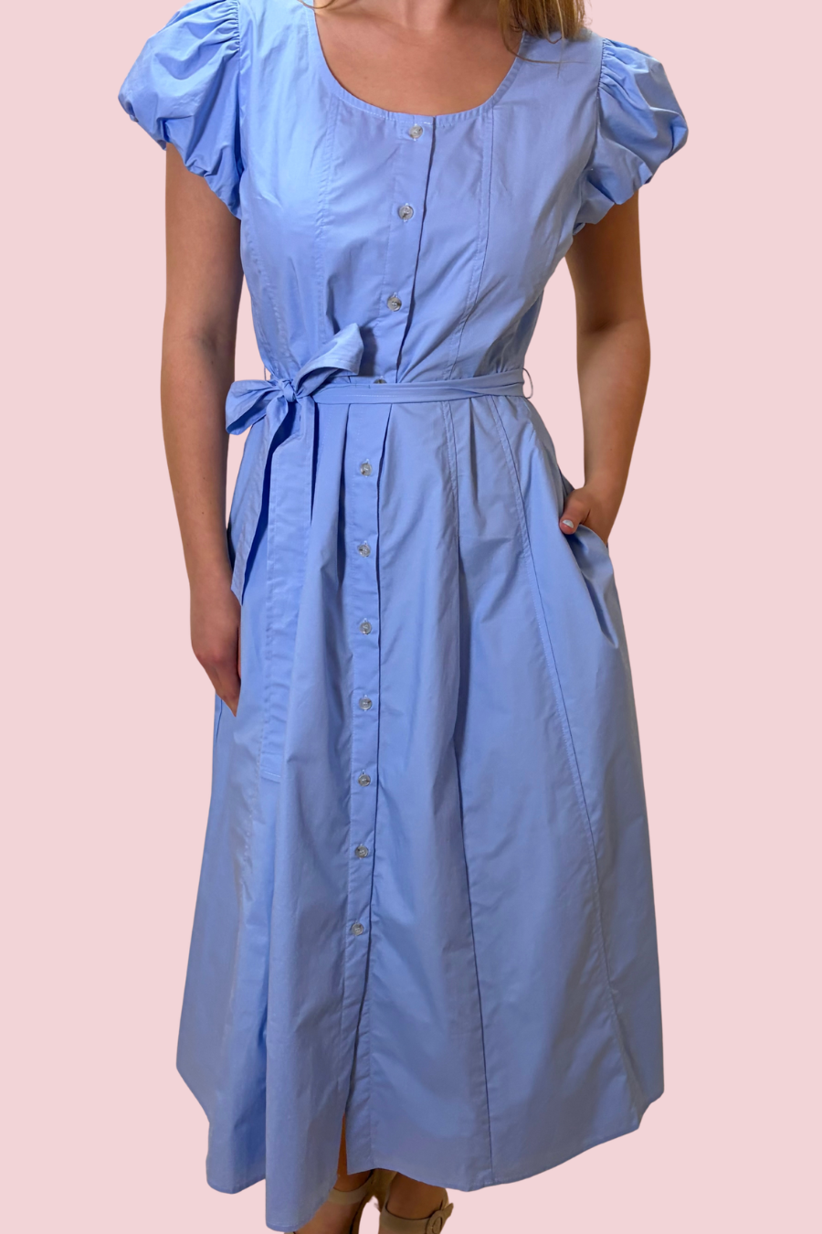 Dressed Like a Daydream Blue Button Front Midi Dress with Puff Sleeves and Tie Waist Belt