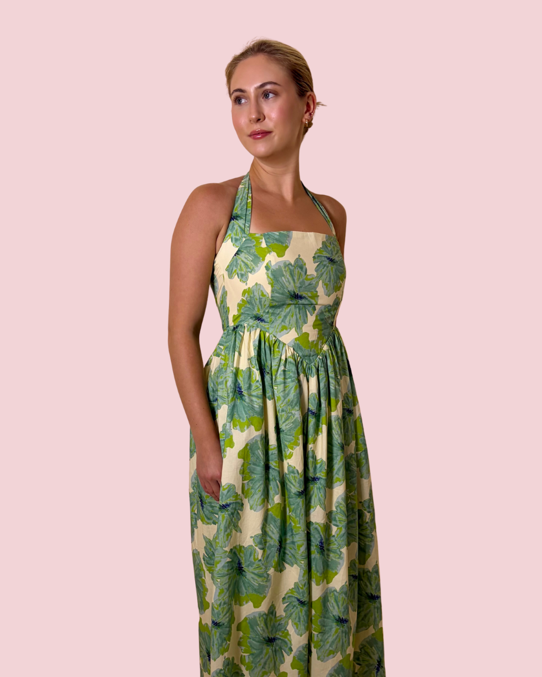 Bloom Where You Are Floral Halter Maxi Dress with Fitted Bodice and Full Skirt