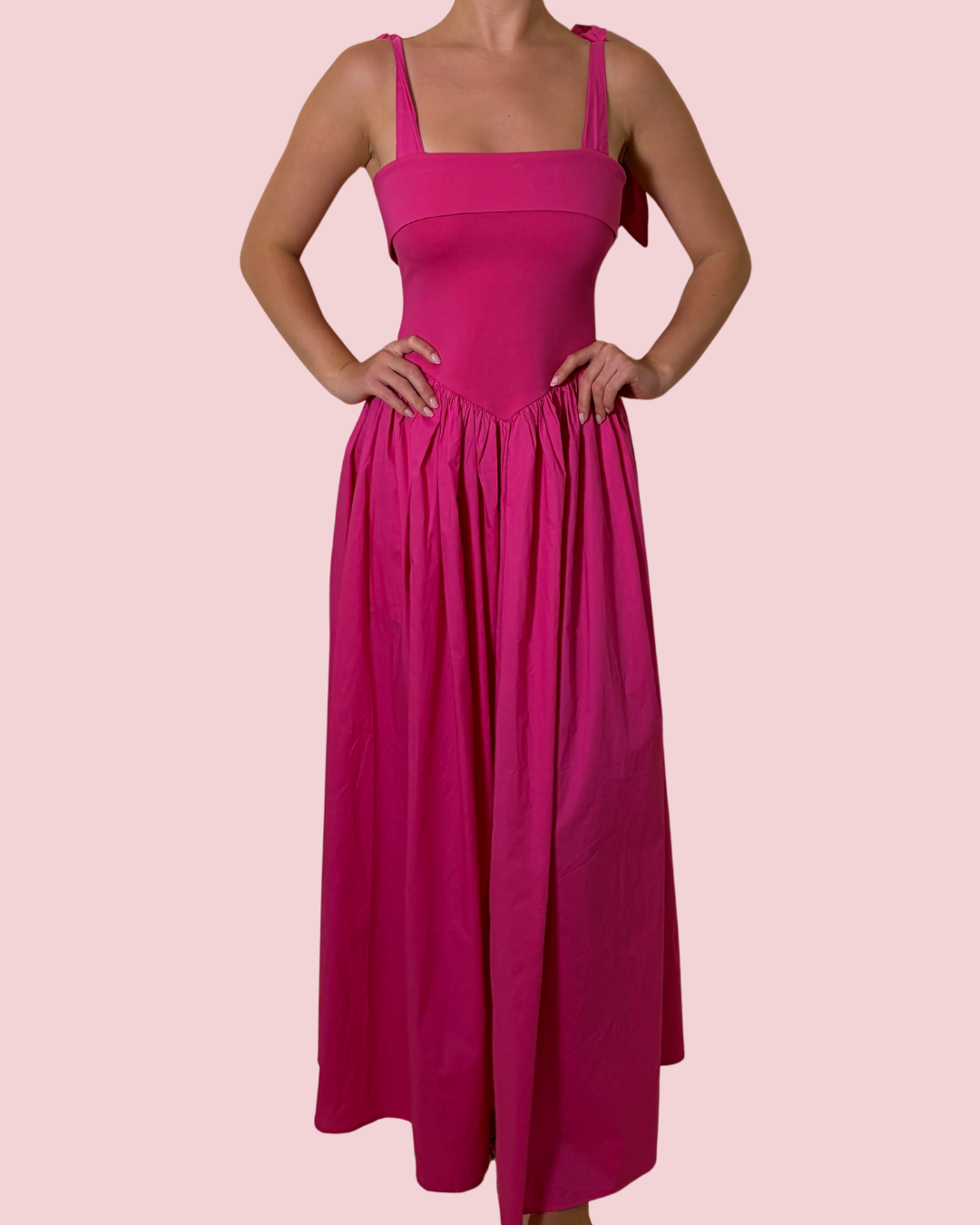 Turning Heads Pink Maxi Dress with Bow Tie Shoulder Straps and Full Skirt