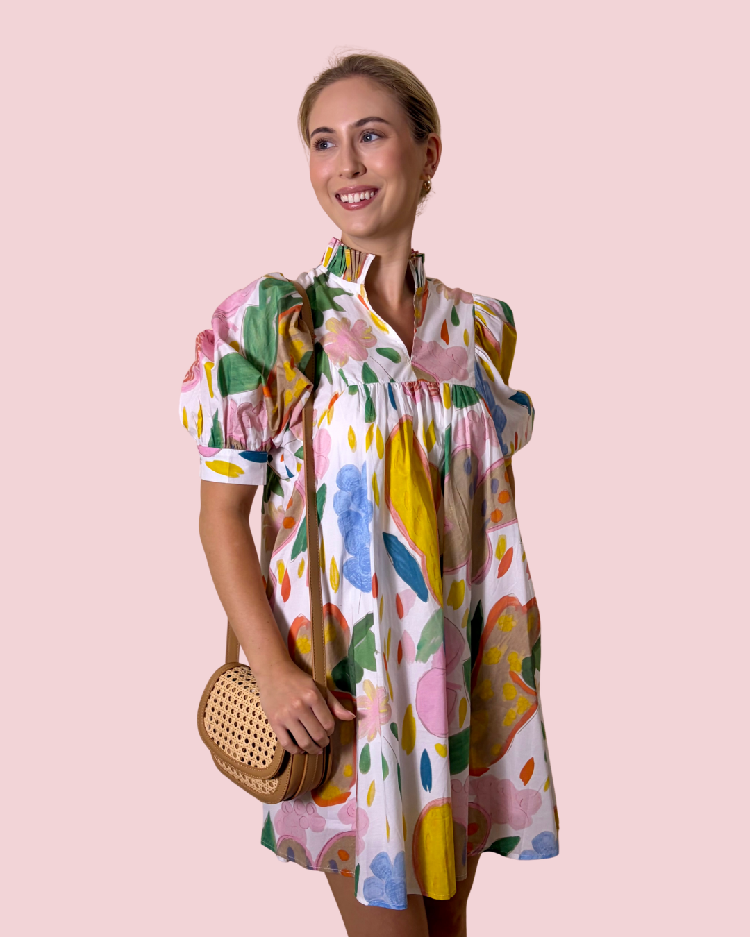 Sunshine Sketch Multicolor Floral Print Puff Sleeve Mini Dress with Ruffle Collar