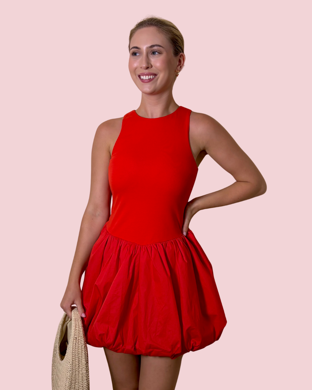 Love Letters Red Bubble Hem Mini Dress with High Neck Sleeveless Silhouette