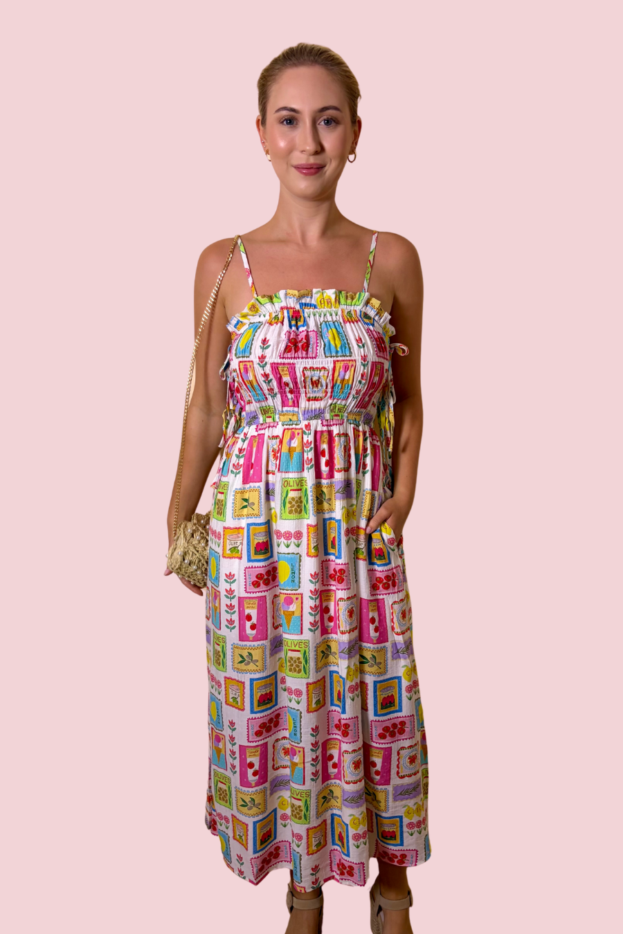 Wish You Were Here Colorful Patchwork Print Smocked Midi Dress with Adjustable Straps