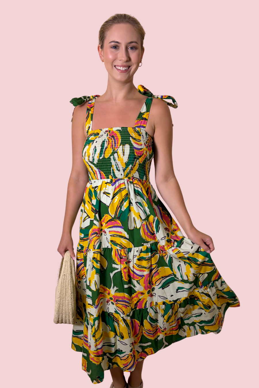 Tropic Like It's Hot Tropical Print Smocked Midi Dress with Tie Shoulder Straps