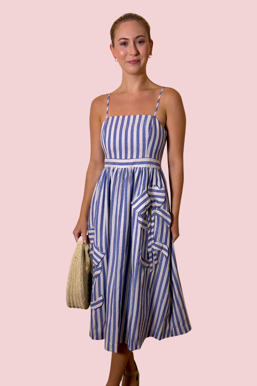 Emillia Striped 3D Floral Detail Midi Dress