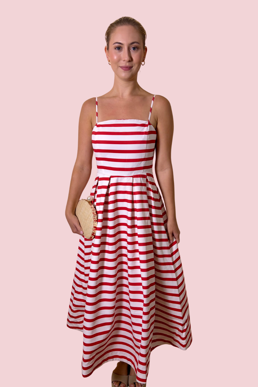 Americana Dream Red and White Striped Midi Dress with Square Neckline