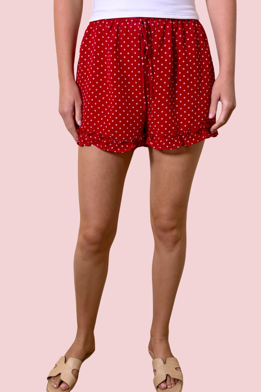Cherry Cola Red Polka Dot Ruffle Shorts with Elastic Waistband