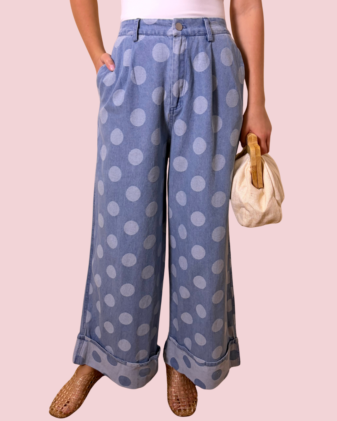 Outfit Maker Wide Leg Polka Dot Denim Jeans with Cuffed Hem and Relaxed Fit