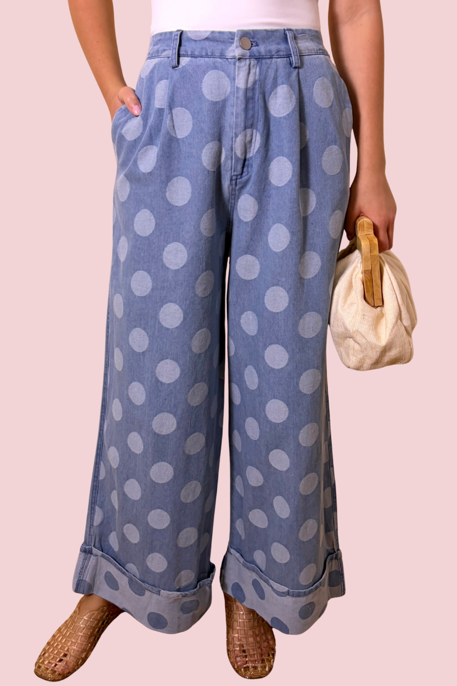 Outfit Maker Wide Leg Polka Dot Denim Jeans with Cuffed Hem and Relaxed Fit