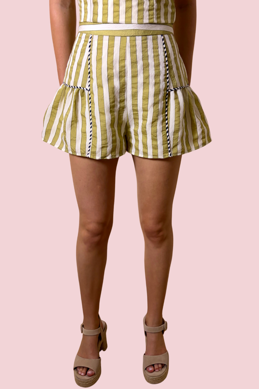 Priscila Olive Green Striped High Waist Ruffle Hem Shorts
