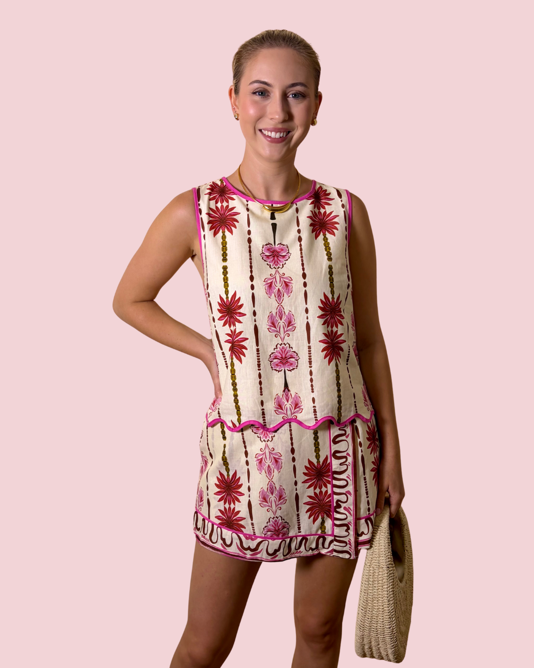 Pink Palms Floral Print Matching Top & Shorts Set with Scalloped Trim
