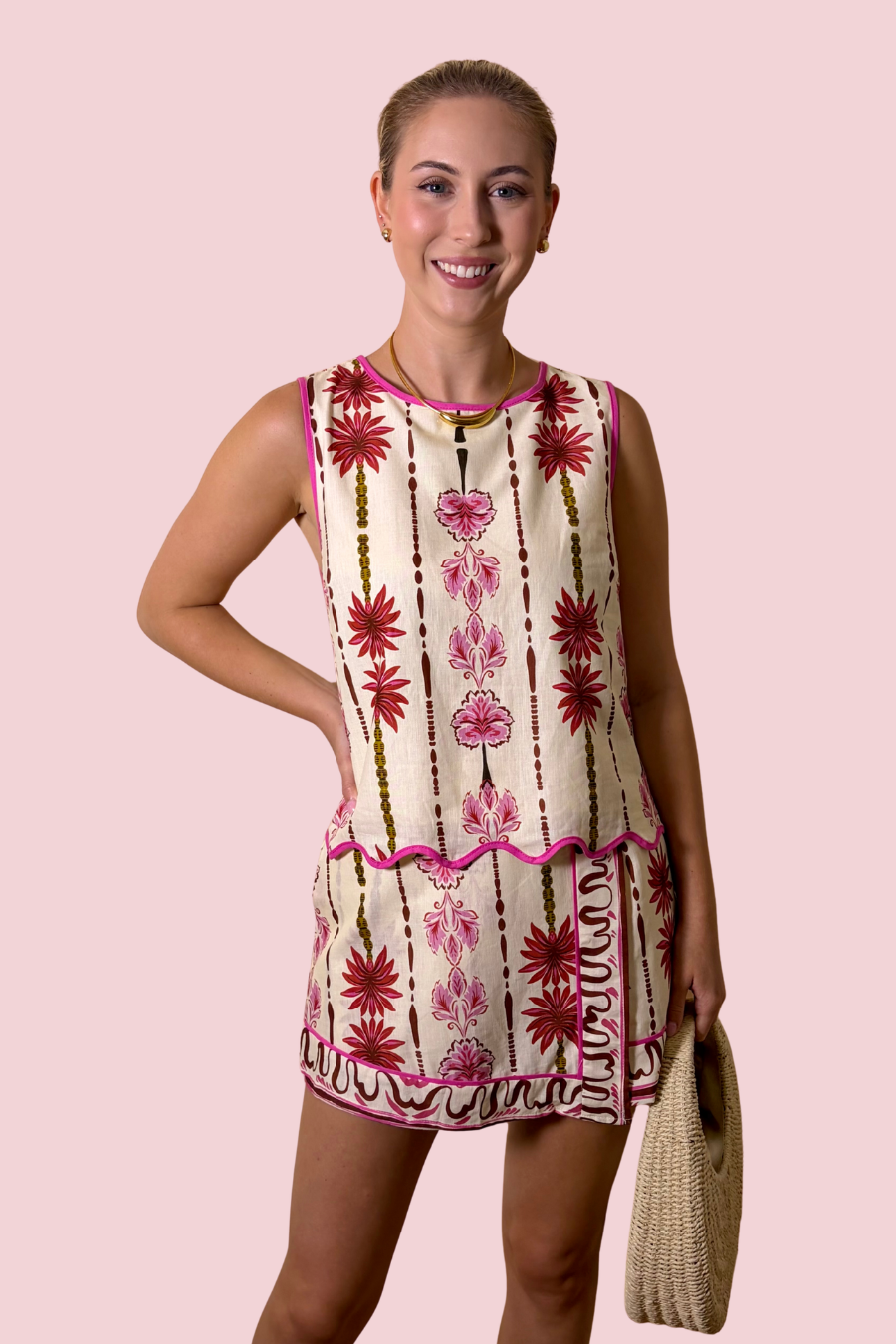 Pink Palms Floral Print Matching Top & Shorts Set with Scalloped Trim