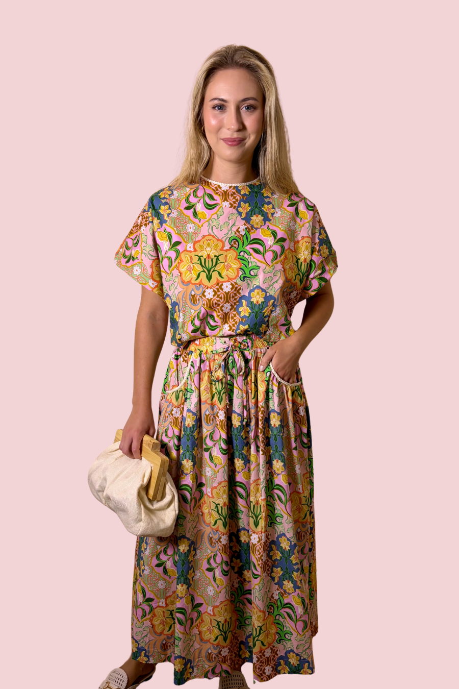 Petal Society Floral Print Crop Top & High Waist Midi Skirt Matching Set