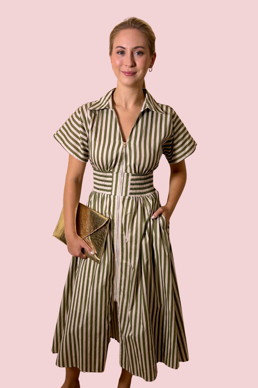 Stripe Society Striped Zip Front Collared Midi Dress with Smocked Waist & Pockets