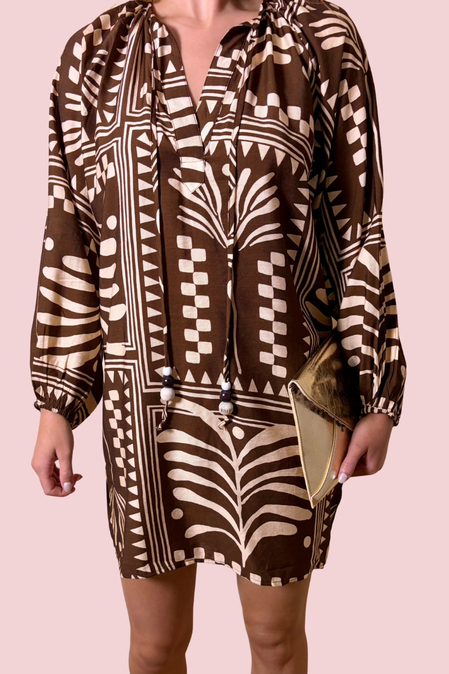 Art of Style Geometric Print Long Sleeve Shift Dress with Split Neck Tassel Tie