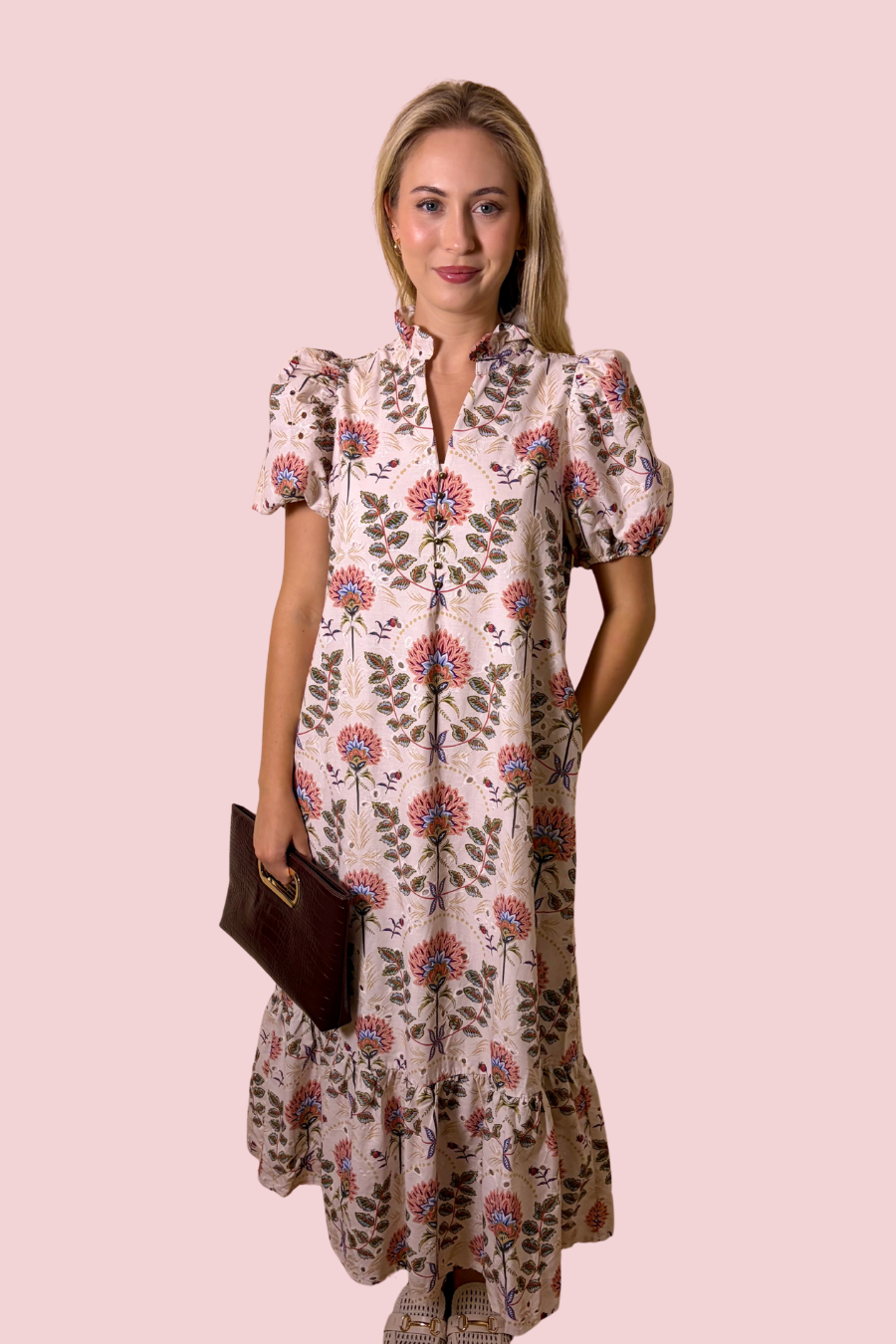 Buy Myself Flowers Floral Print Puff Sleeve Ruffle Collar Midi Dress with Tiered Hem