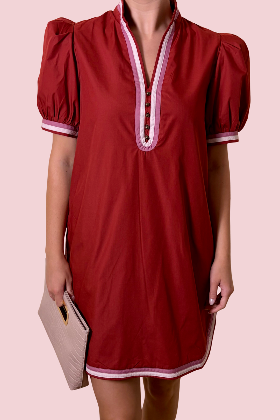 RSVP Ready Puff Sleeve Contrast Trim Shift Dress with Pockets