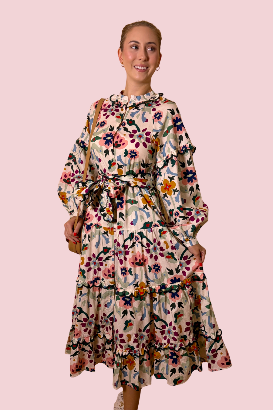 Petals & Twirls Floral Print Tiered Midi Dress with Long Sleeves