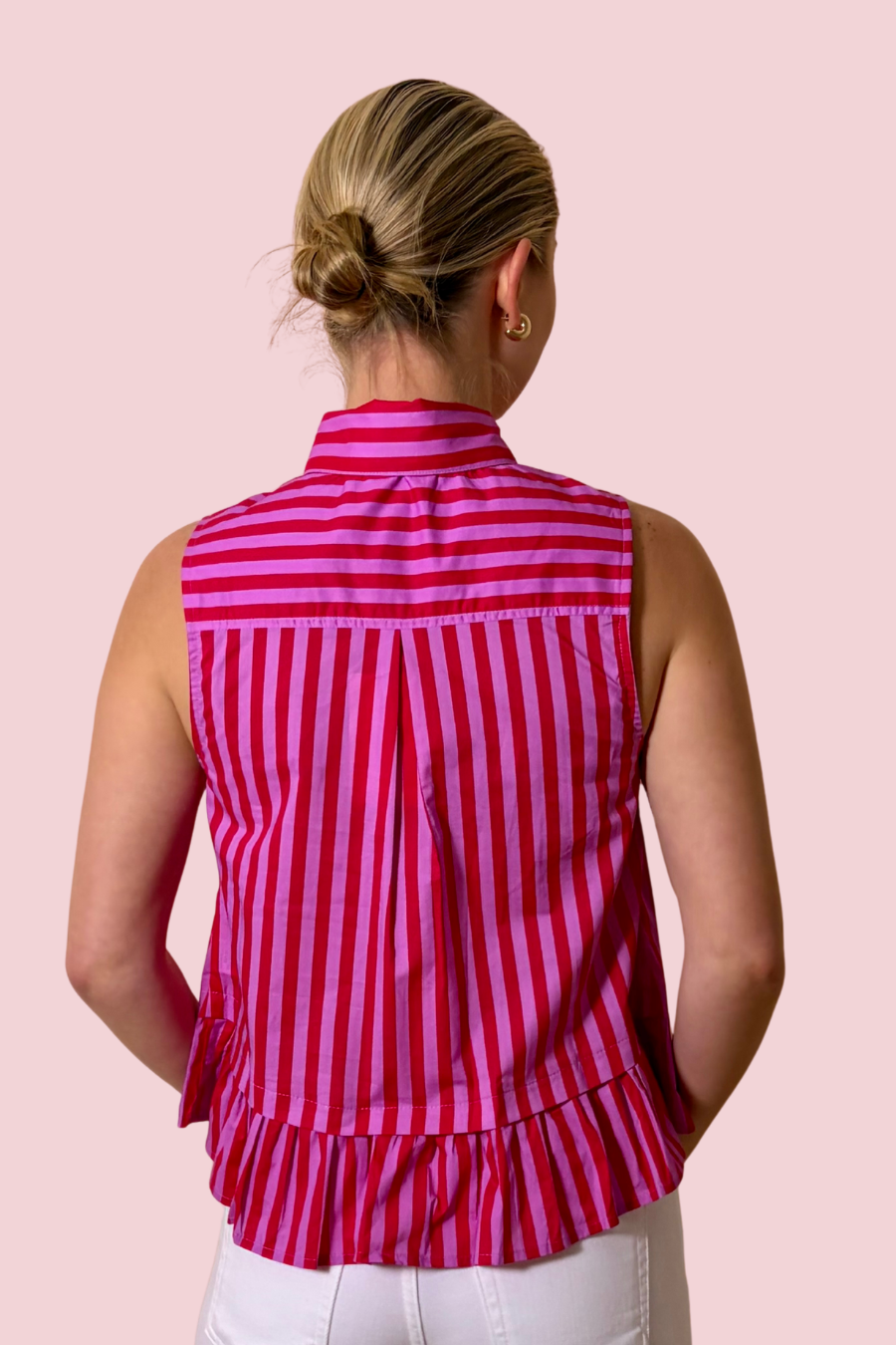 Sweet Statement Striped Sleeveless Blouse with Tie Neck and Peplum Hem