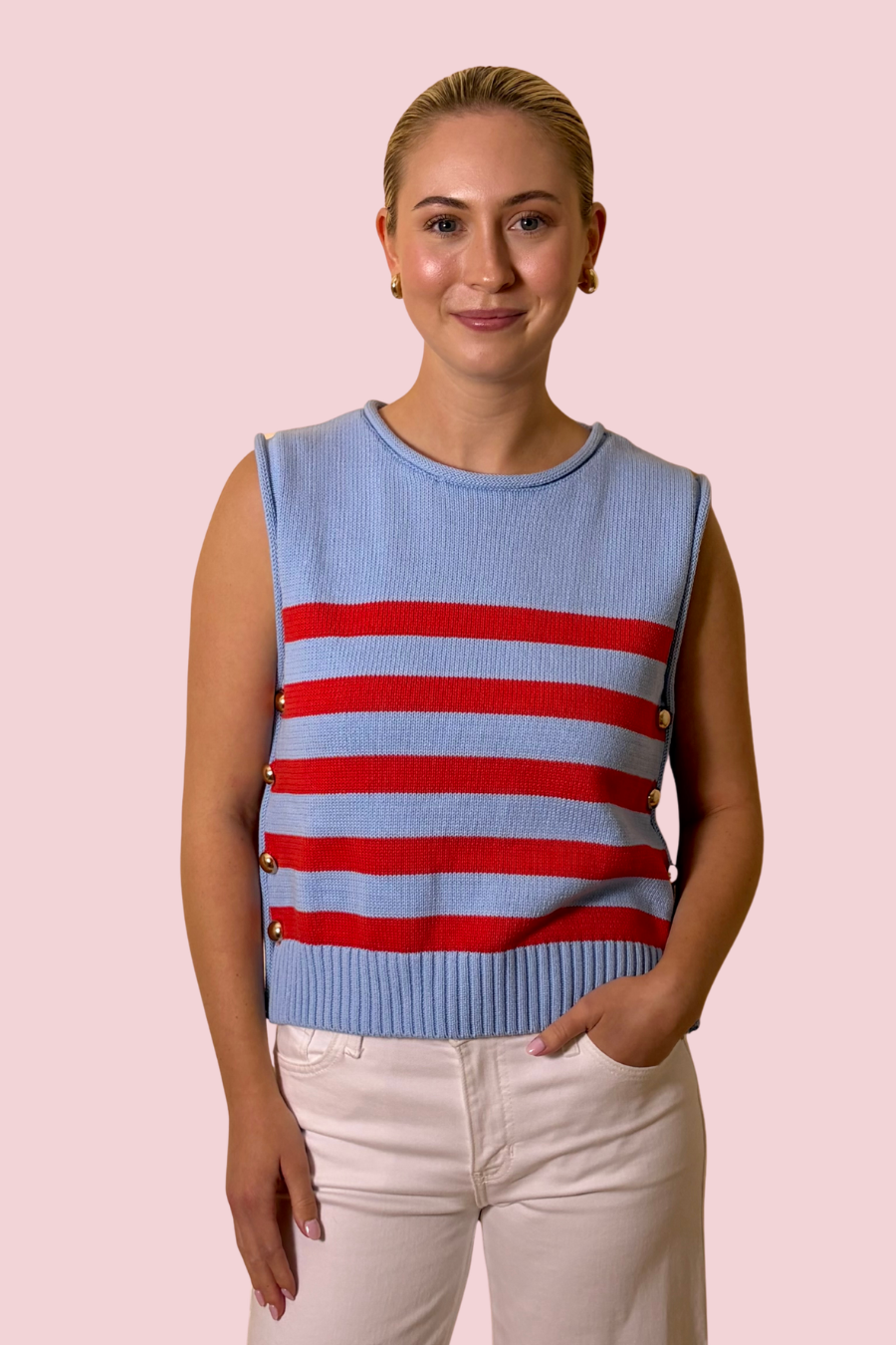 It All Lines Up Striped Sleeveless Knit Tank Top with Side Button Detail