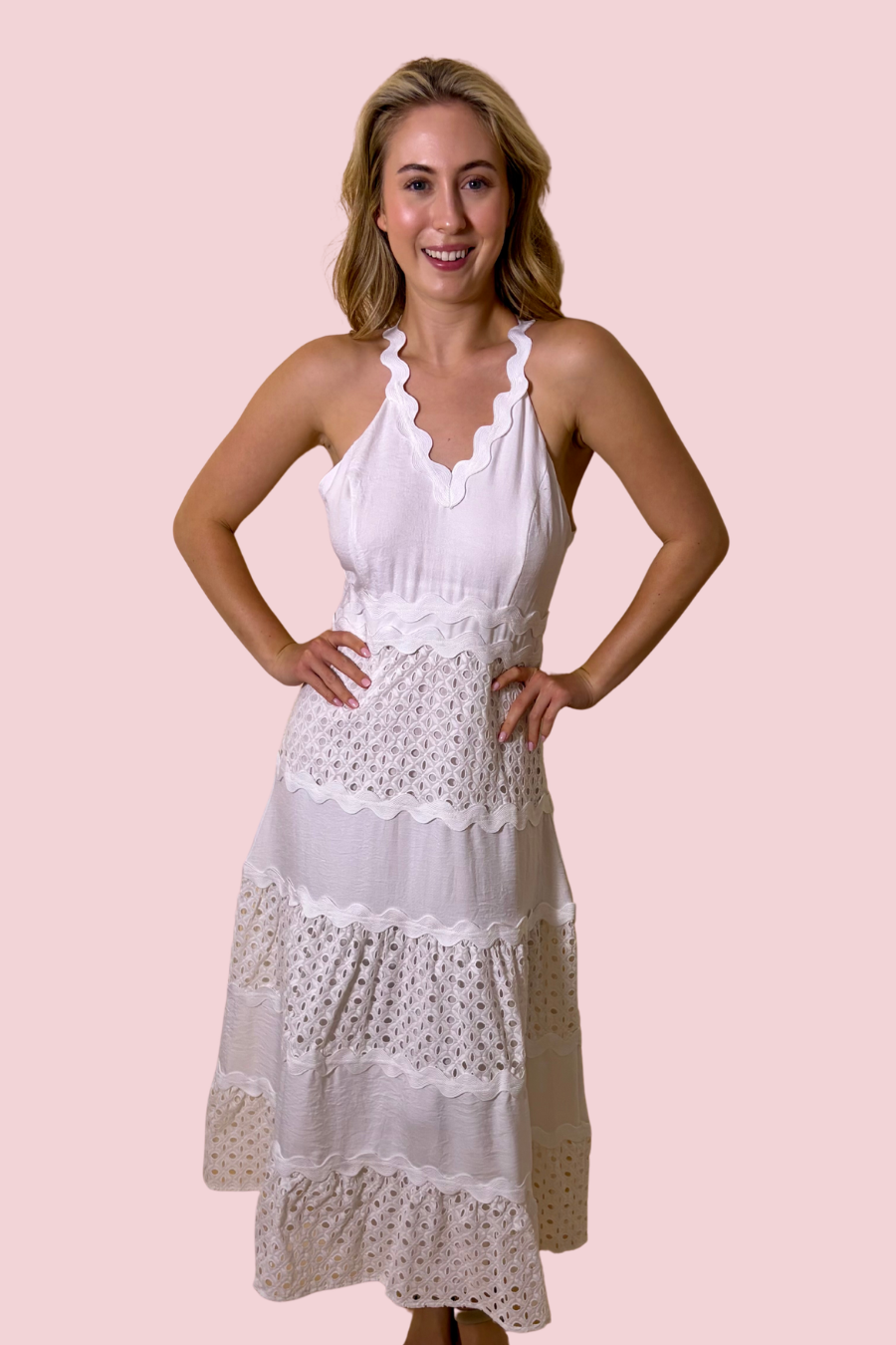 Emma White Eyelet Lace Maxi Dress with Scalloped Neckline and Tiered Skirt