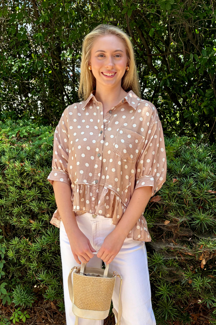 Pretty Little Plans Polka Dot Button Front Blouse with Ruffle Hem