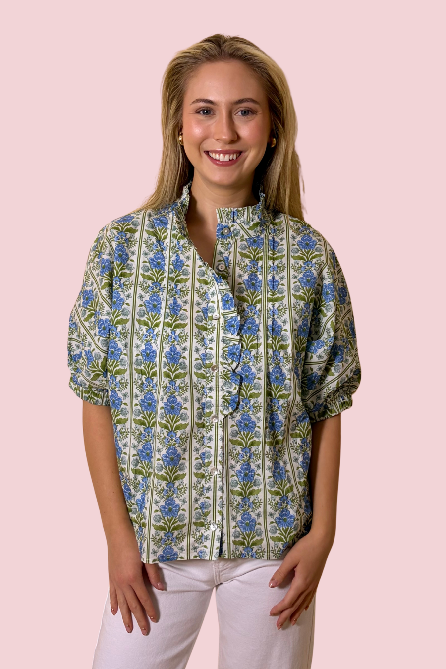 Cottage Club Blue Floral Puff Sleeve Blouse with Ruffle Neckline