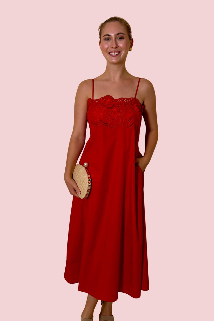 Best Dressed Red Lace Bodice Maxi Dress with Adjustable Spaghetti Straps and Flowy Skirt