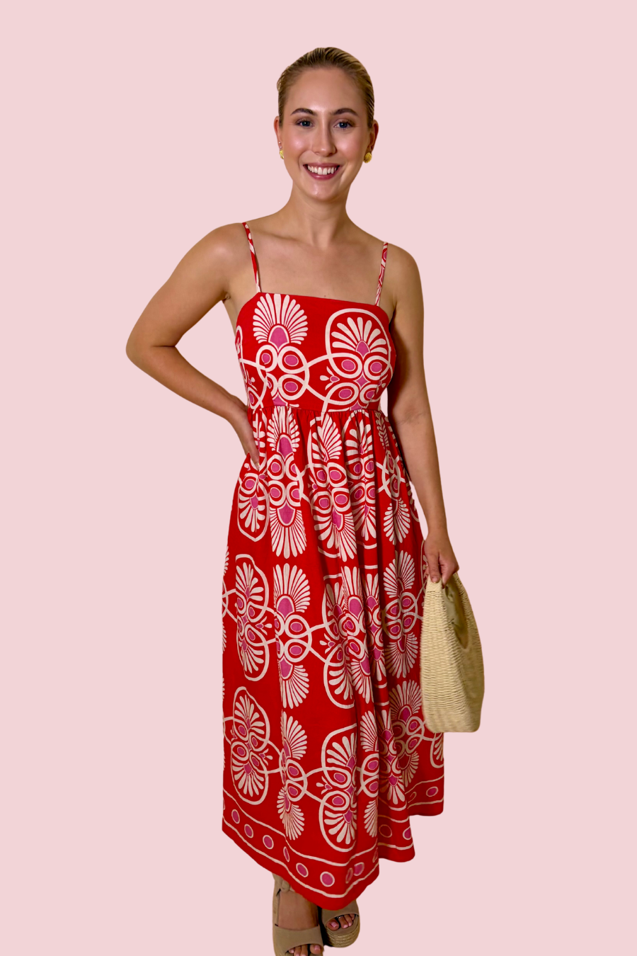 Vacation Mood Red and White Printed Maxi Dress with Adjustable Straps