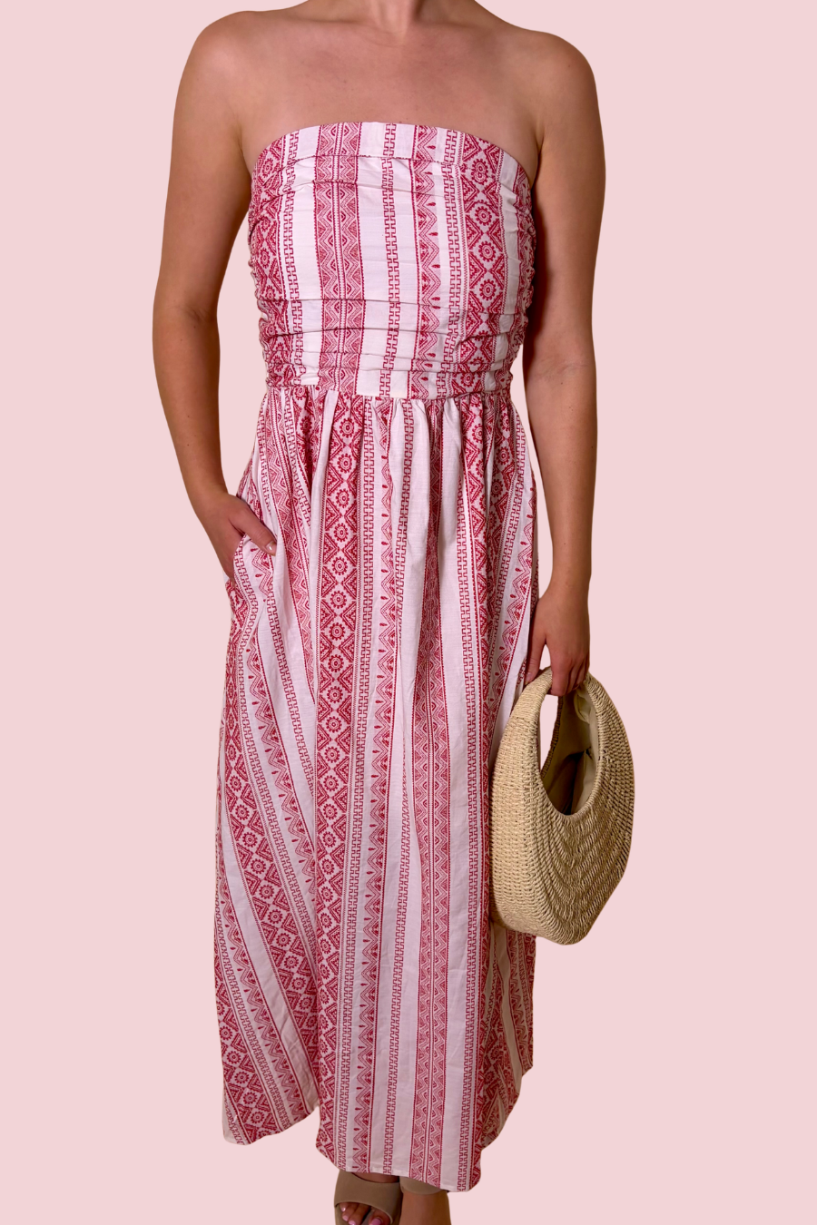 St. Tropez Pink Strapless Midi Dress with Smocked Bodice