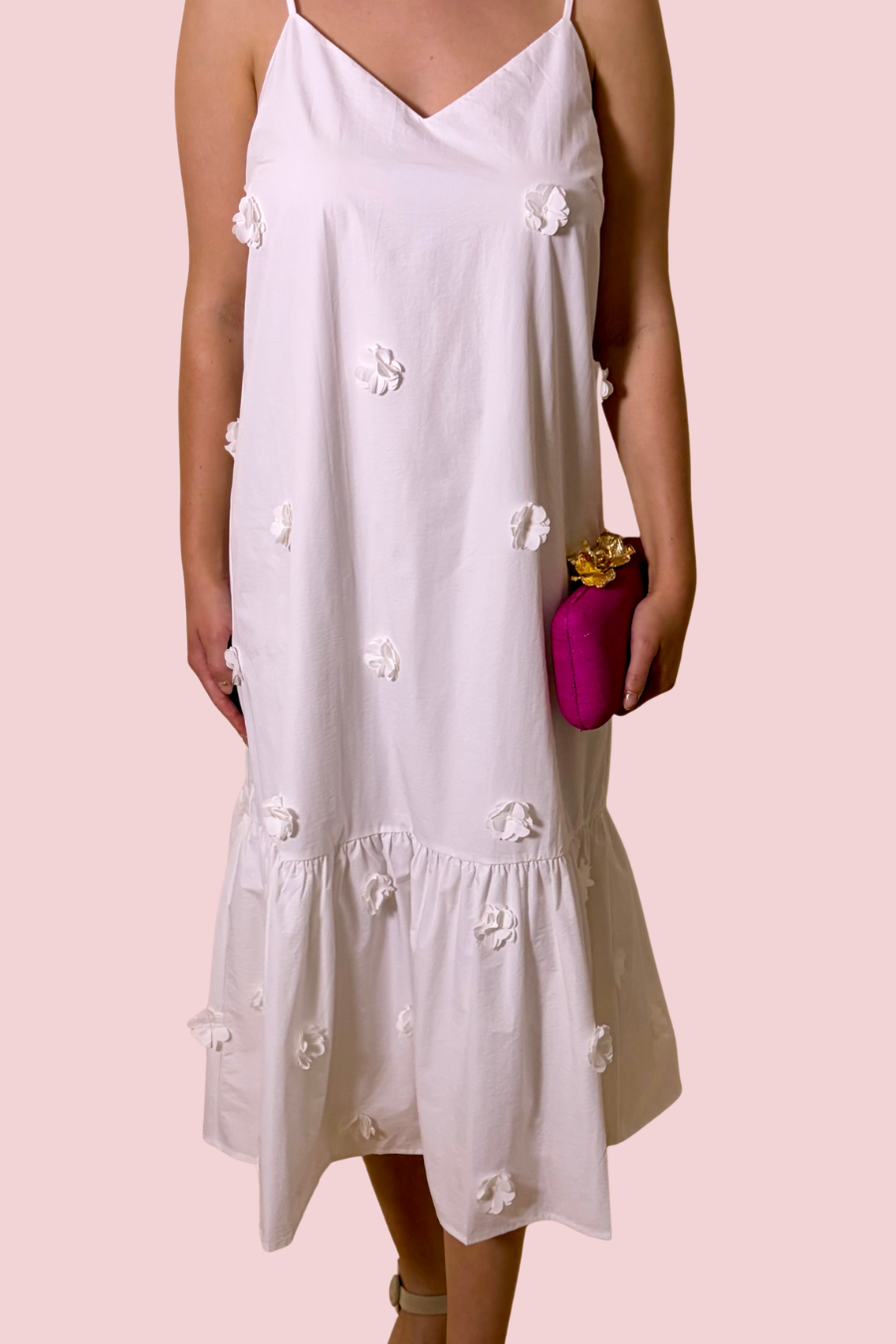 You Grow Girl White Floral Appliqué Midi Dress with Spaghetti Straps and Tiered Hem