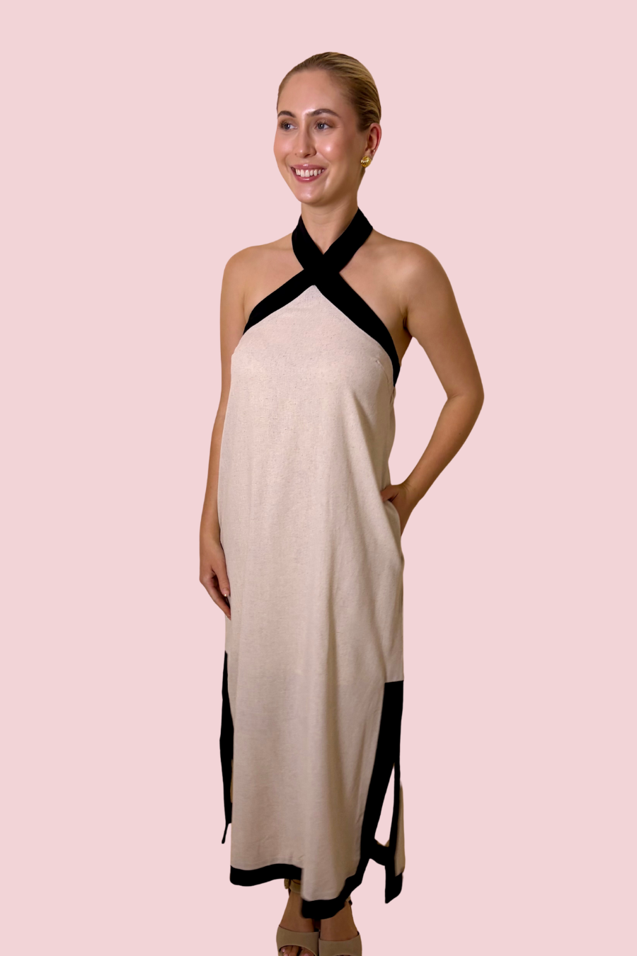 First Class Contrast Trim Halter Maxi Dress with Side Slits and Relaxed Fit
