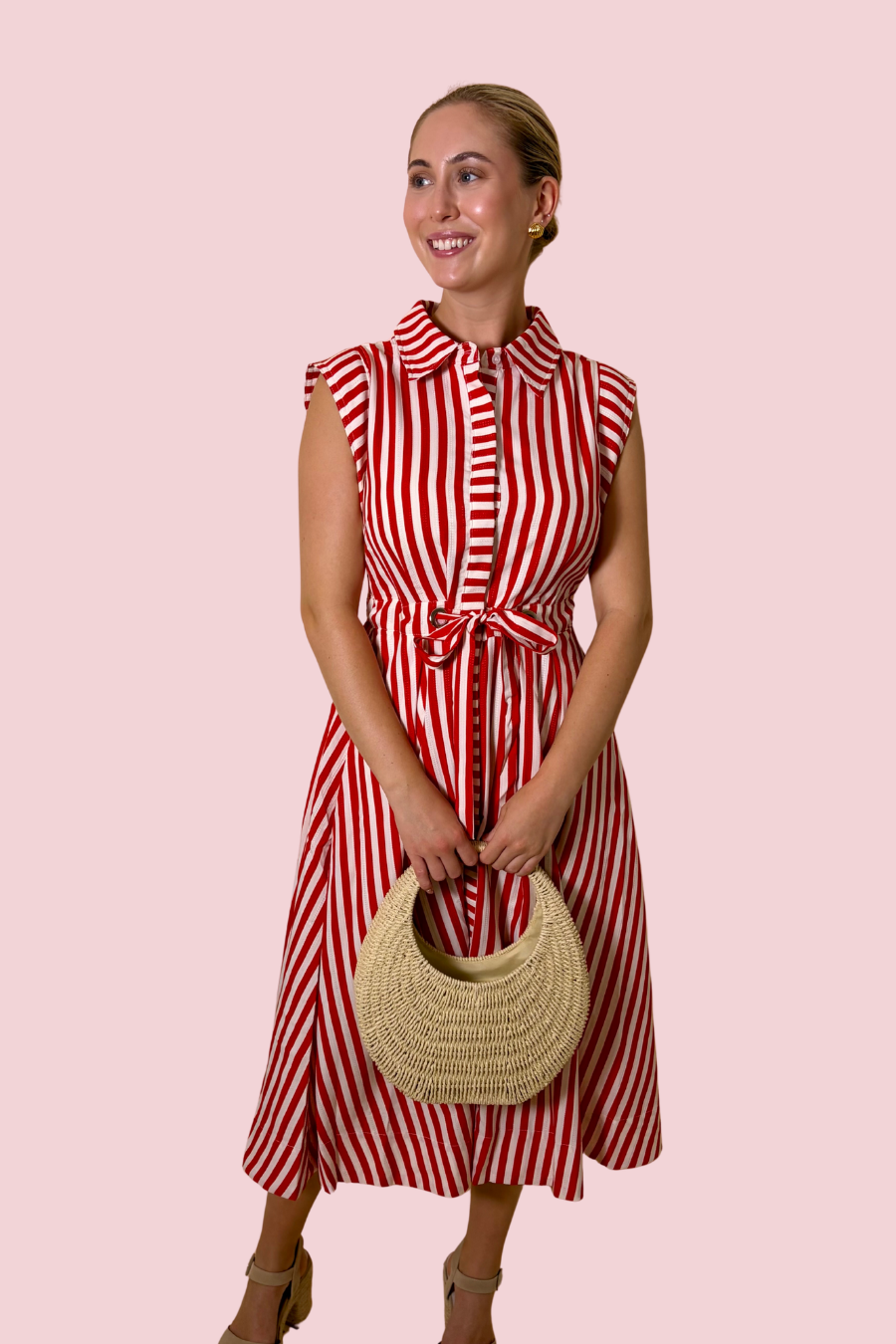 Baby You're a Firework Red and White Striped Midi Shirt Dress with Waist Tie