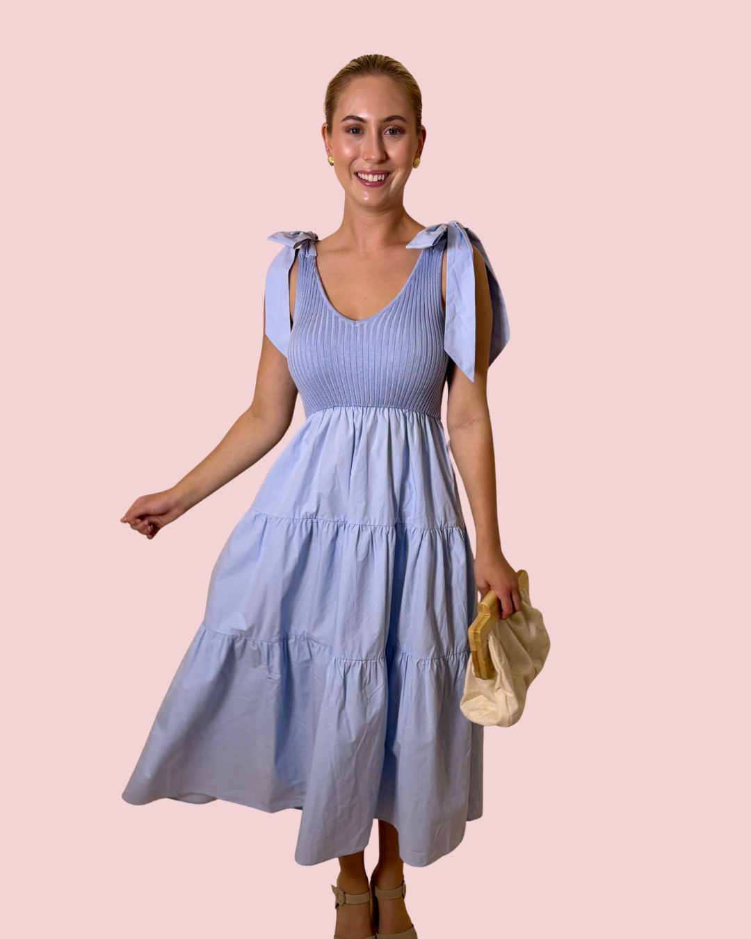 Blue Skies Light Blue Smocked Midi Dress with Tie Shoulder Straps