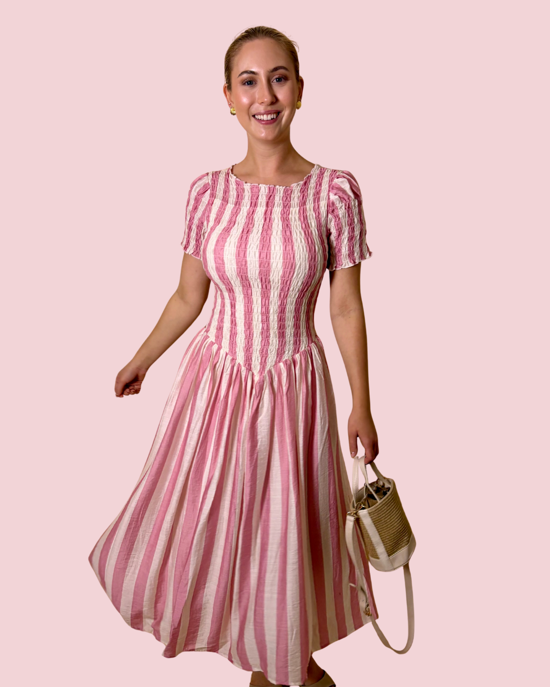Soft Girl Summer Pink Stripe Smocked Midi Dress with Puff Sleeves