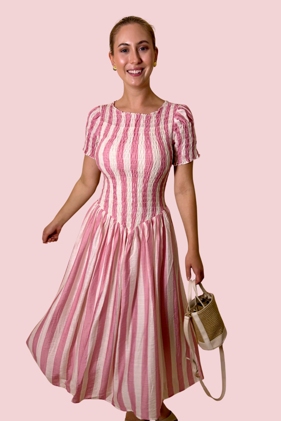 Soft Girl Summer Pink Stripe Smocked Midi Dress with Puff Sleeves