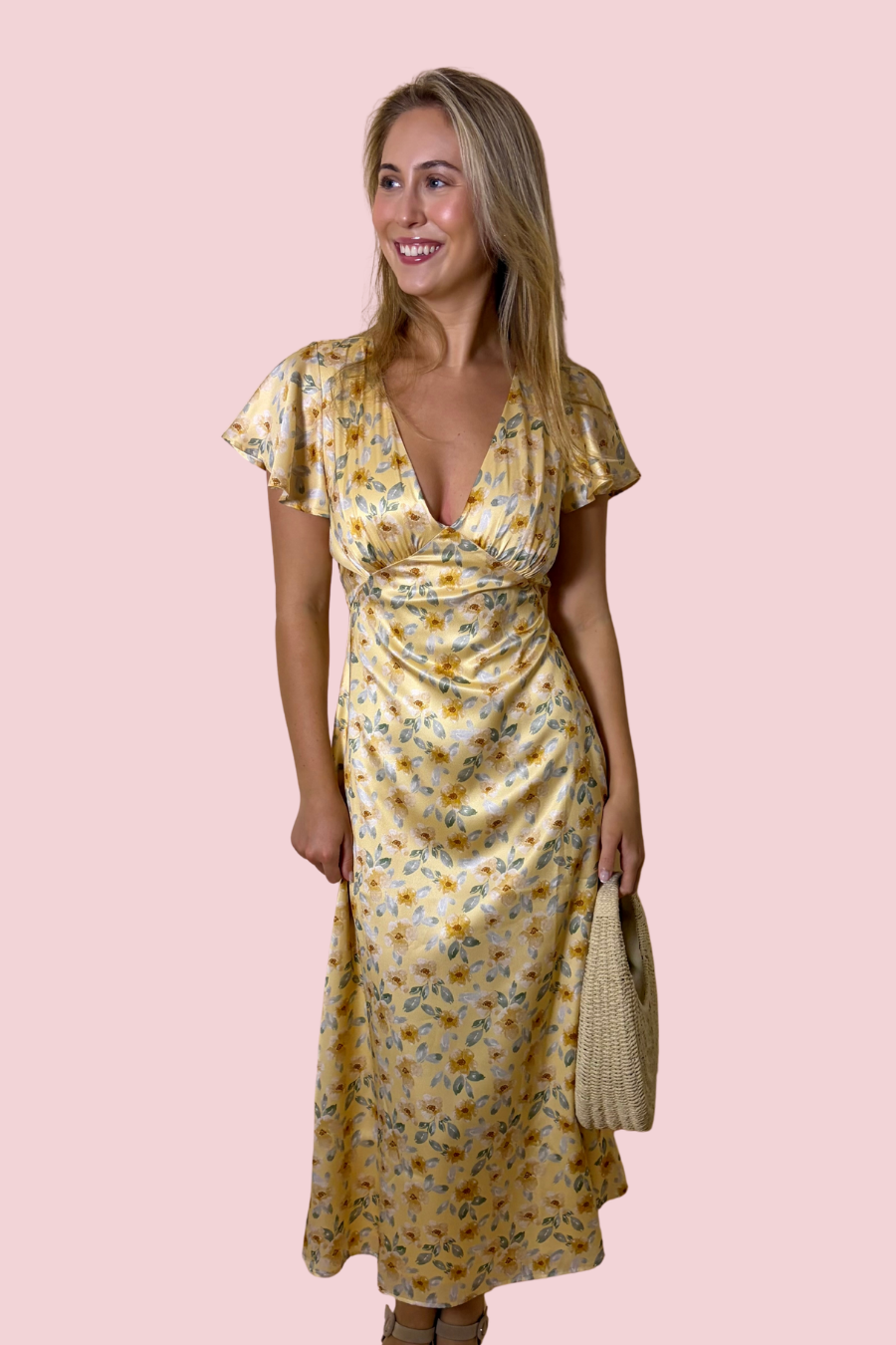 Summer Romance Yellow Floral Satin Midi Dress with Flutter Sleeves and Draped Waist