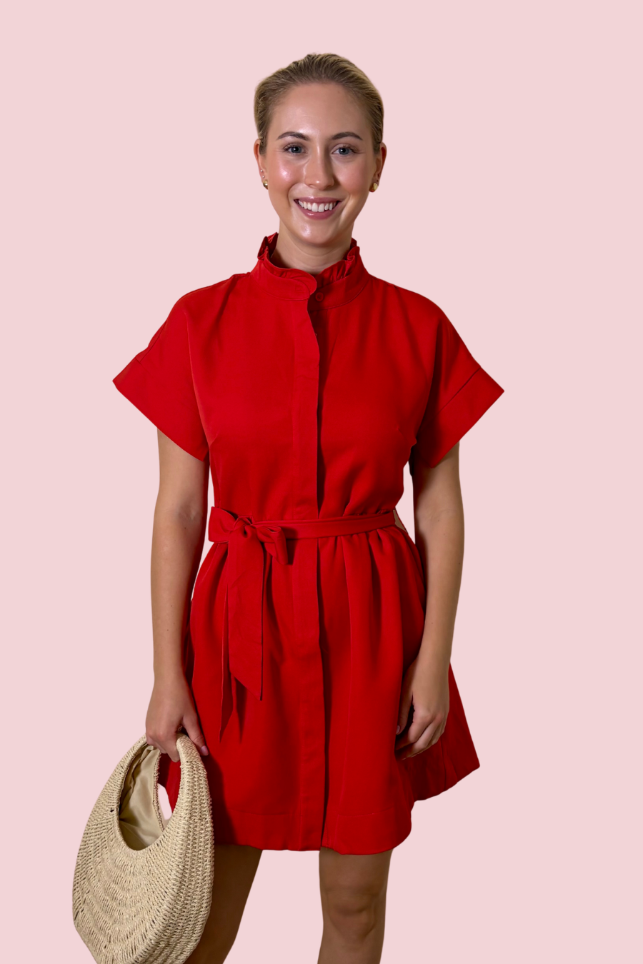 Got My Attention Red Tie Waist Shirt Dress with Stand Collar and Short Sleeves