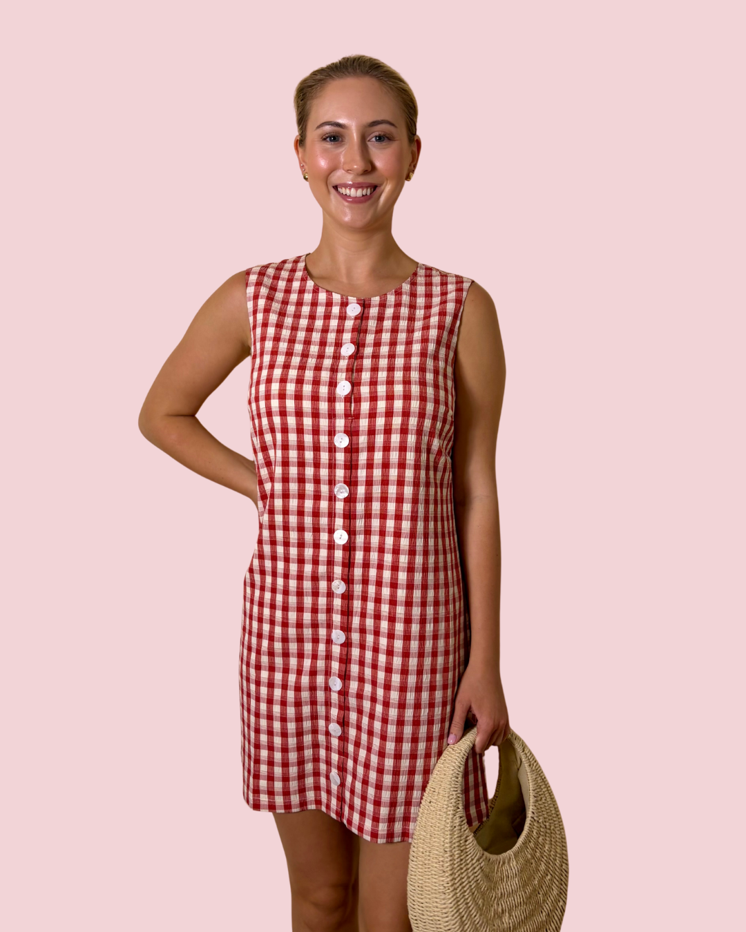 Cherry Picked Red Gingham Button Front Shift Dress with Sleeveless Silhouette