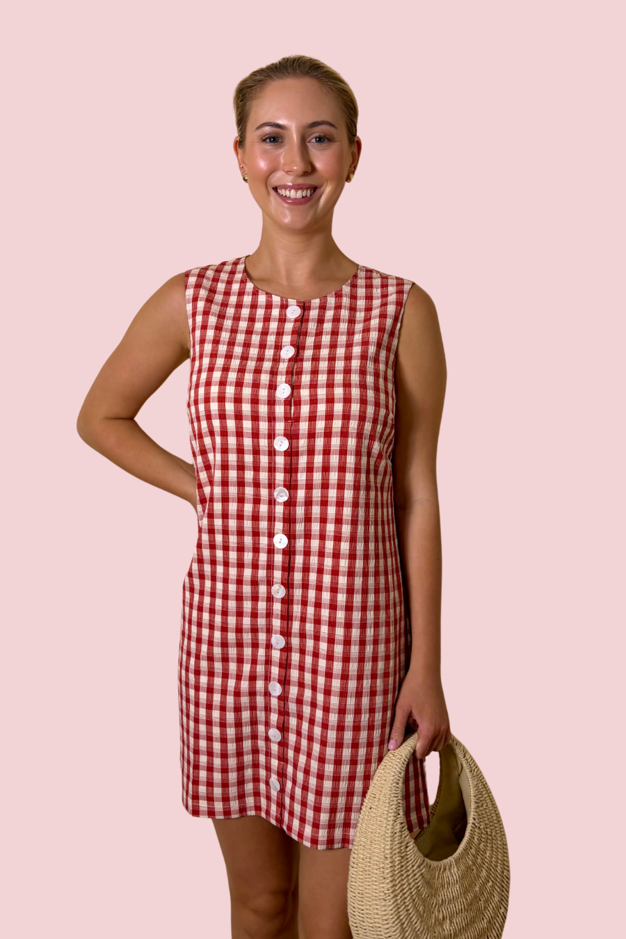 Cherry Picked Red Gingham Button Front Shift Dress with Sleeveless Silhouette