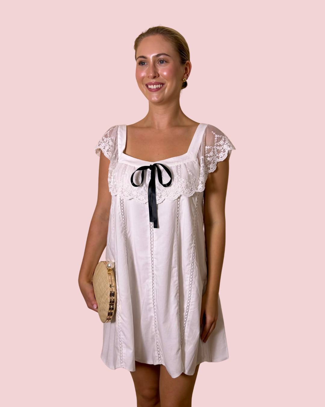 Ribbon & Lace White Lace Trim Mini Dress with Black Bow Detail and Flutter Sleeves