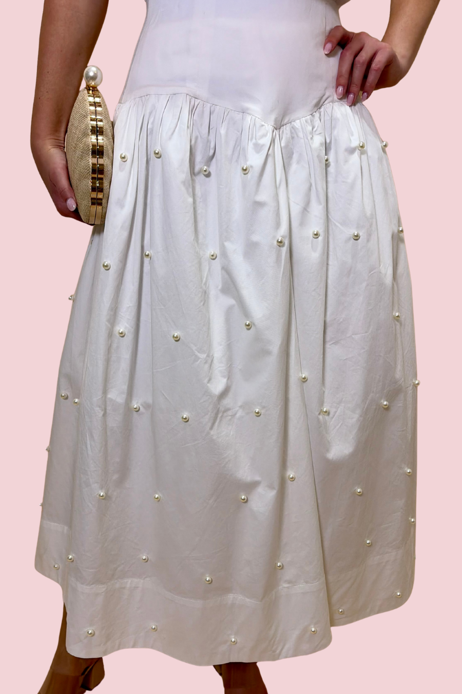 Isn't She Stunning Pearl Embellished Midi Skirt with High Waist and Flowy Fit