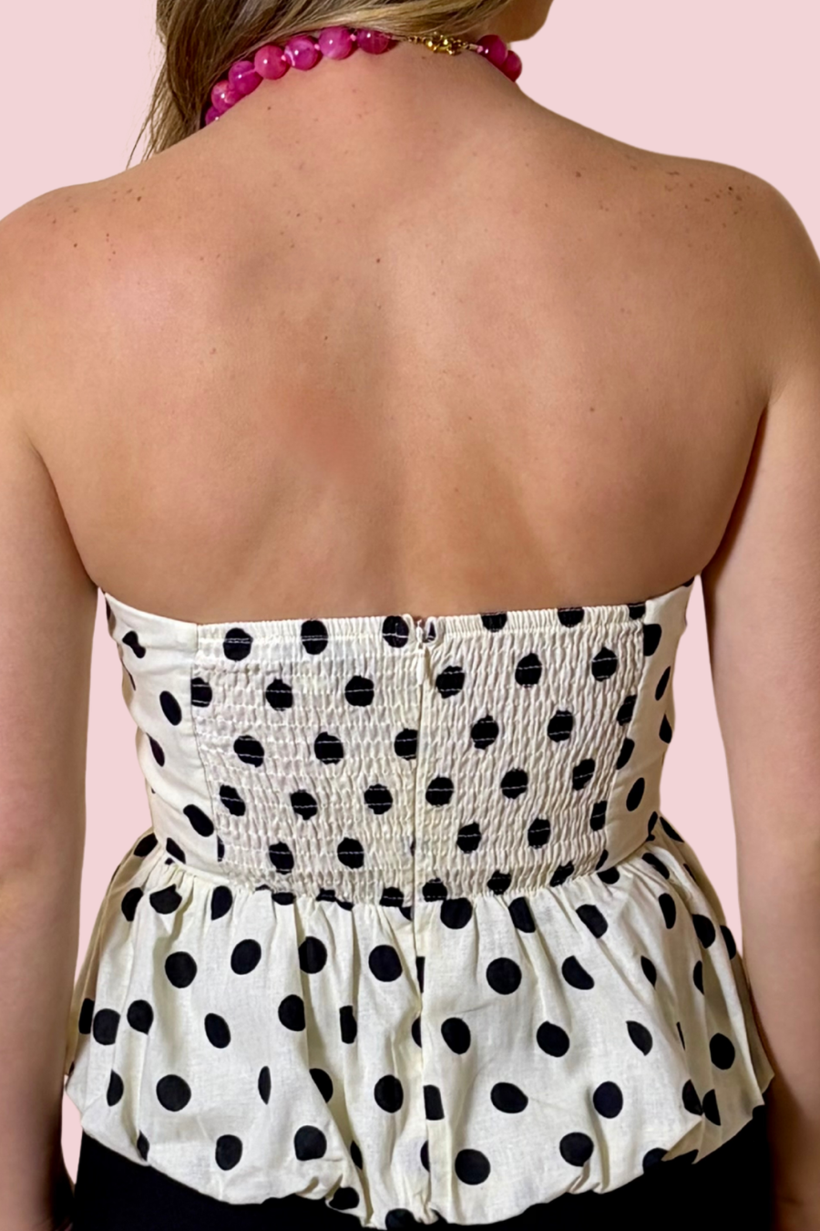 Spot On Strapless Polka Dot Peplum Top with Structured Fit and Flared Hem