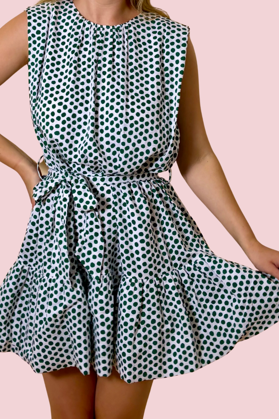 Sweet Spot Green Polka Dot Mini Dress with Sleeveless Design and Tie Waist